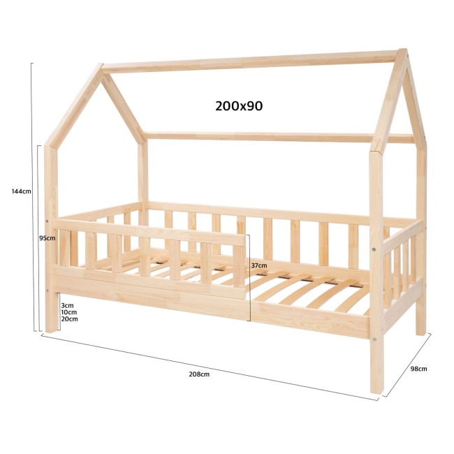 Drewniane Łóżko Dziecięce Domek LEON w kolorze naturalnego drewna wymiar 200x90