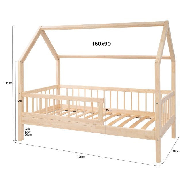 Drewniane Łóżko Dziecięce Domek EMILY w kolorze naturalnego drewna wymiar 160x90